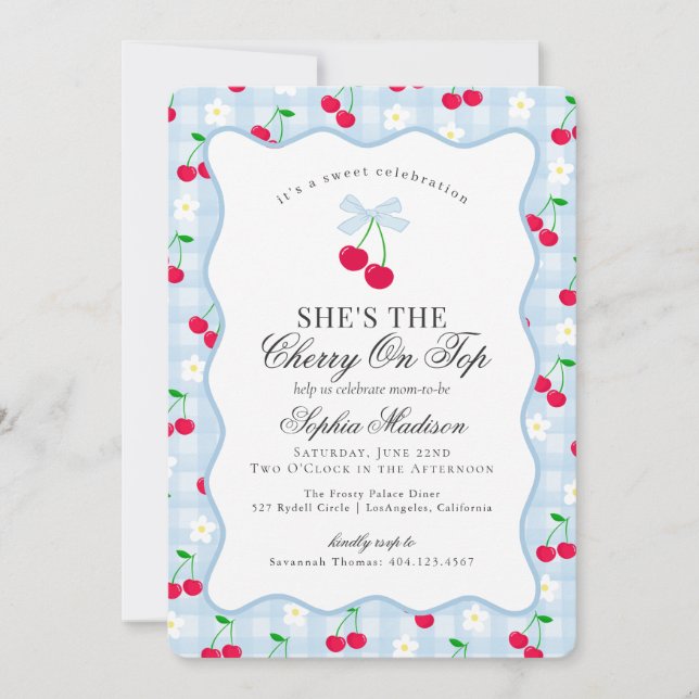 Cherry Sweet Blue Coquette Bow Gingham Baby Shower Invitation (Front)