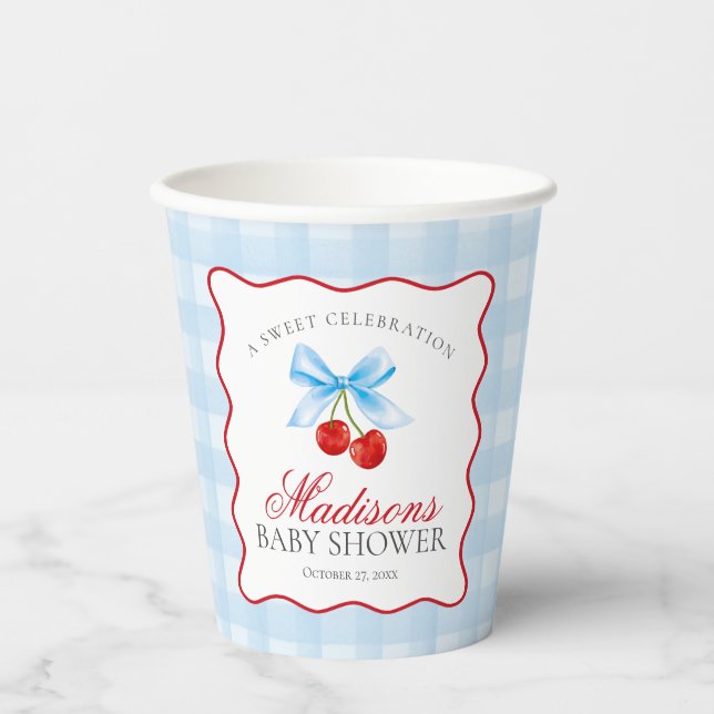 Cherry Sweet Blue Coquette Bow Gingham Baby Shower Paper Cups (Front)