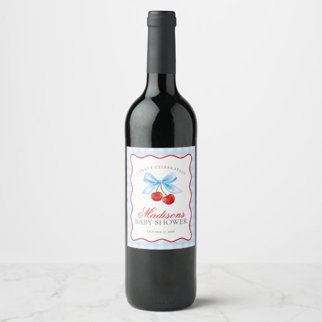 Cherry Sweet Blue Coquette Bow Gingham Baby Shower Wine Label (Front)