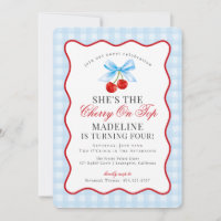 Cherry Sweet Blue Coquette Bow Gingham Birthday