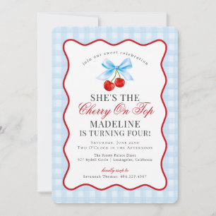 Cherry Sweet Blue Coquette Bow Gingham Birthday Invitation
