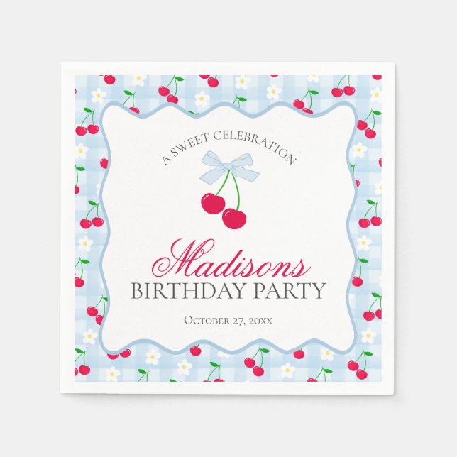 Cherry Sweet Blue Coquette Bow Gingham Birthday Napkin (Front)