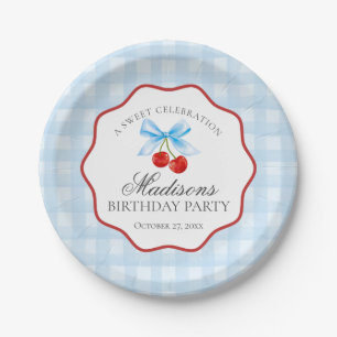 Cherry Sweet Blue Coquette Bow Gingham Birthday Paper Plate