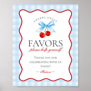 Cherry Sweet Blue Coquette Bow Gingham Favors Sign