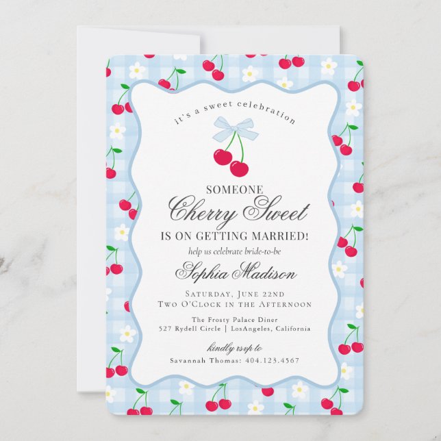 Cherry Sweet Blue Coquette Gingham Bridal Shower Invitation (Front)