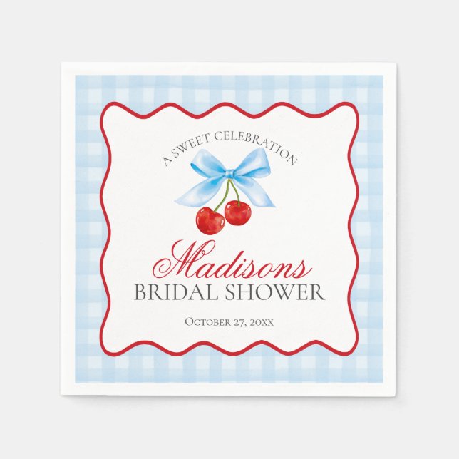 Cherry Sweet Blue Coquette Gingham Bridal Shower Napkin (Front)
