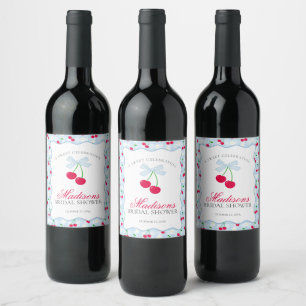 Cherry Sweet Blue Coquette Gingham Bridal Shower Wine Label