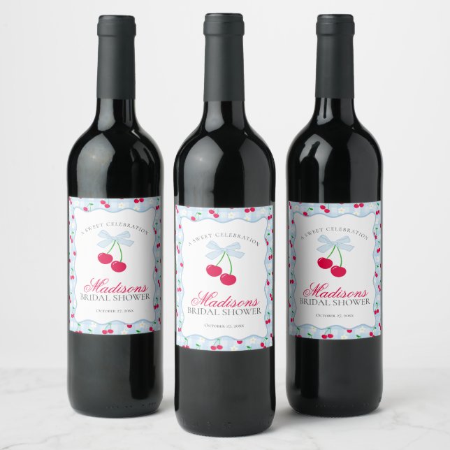 Cherry Sweet Blue Coquette Gingham Bridal Shower Wine Label (Bottles)