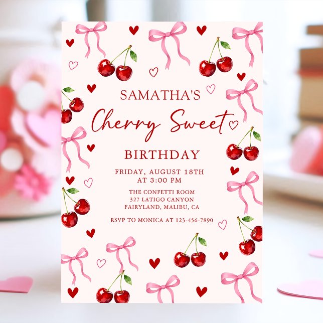 Cherry Sweet Bow Birthday Invitation (Creator Uploaded)