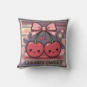 Cherry Sweet Cute Cherries Pink Coquette Bow Cushion