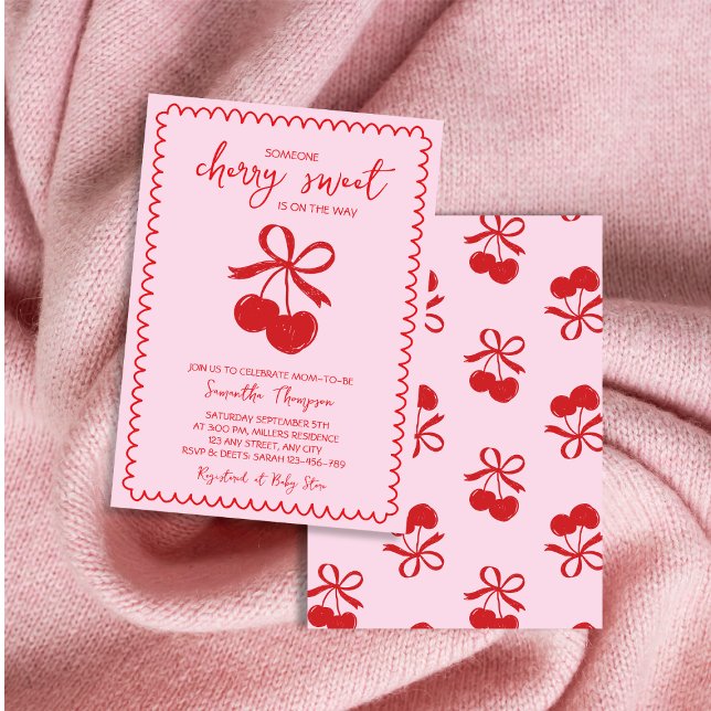 Cherry Sweet Elegant Hand Drawn Baby Girl Shower Invitation (Cherry Sweet Elegant Hand Drawn Baby Girl Shower Invitation)