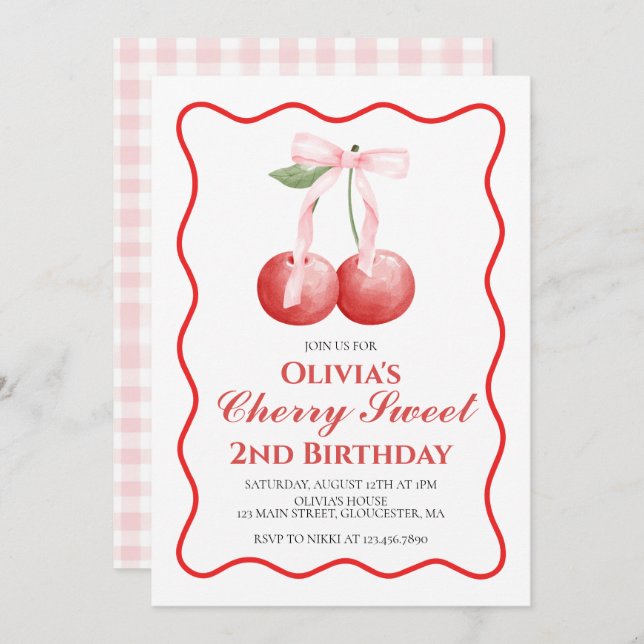 Cherry Sweet Pink Bow preppy birthday Invitation (Front/Back)