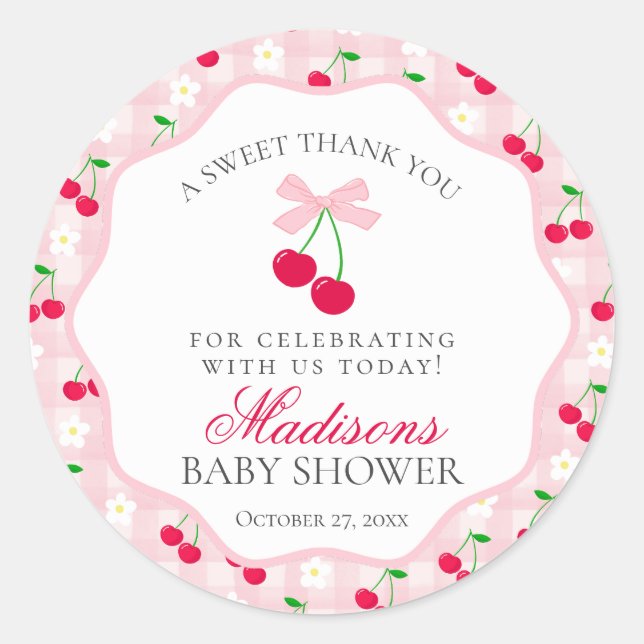 Cherry Sweet Pink Coquette Bow Baby Shower Circle Classic Round Sticker (Front)