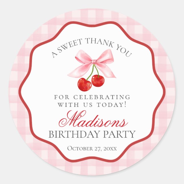 Cherry Sweet Pink Coquette Bow Birthday Circle Classic Round Sticker (Front)