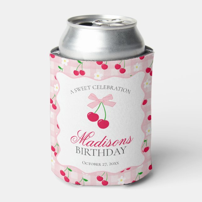 Cherry Sweet Pink Coquette Bow Birthday Favour Can Cooler (Can Front)