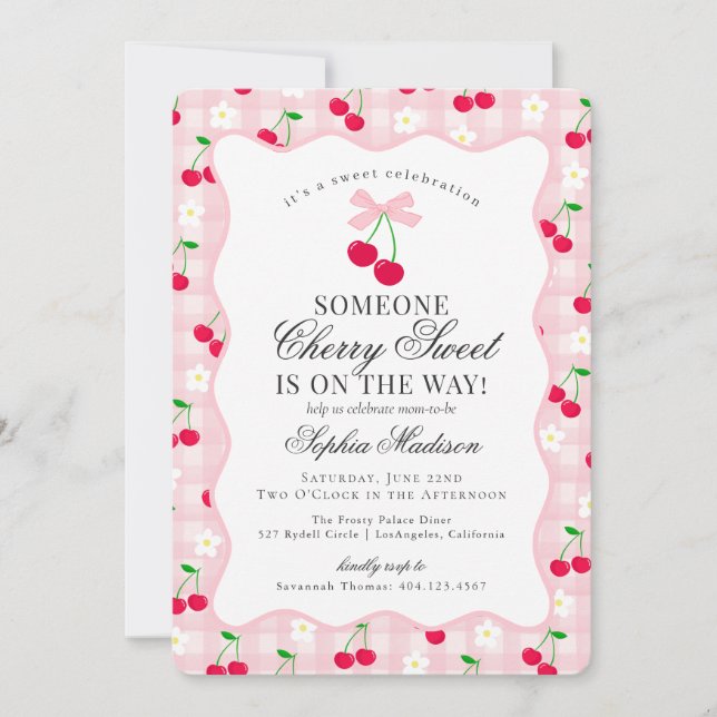 Cherry Sweet Pink Coquette Bow Gingham Baby Shower Invitation (Front)