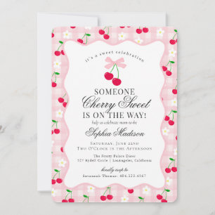 Cherry Sweet Pink Coquette Bow Gingham Baby Shower Invitation