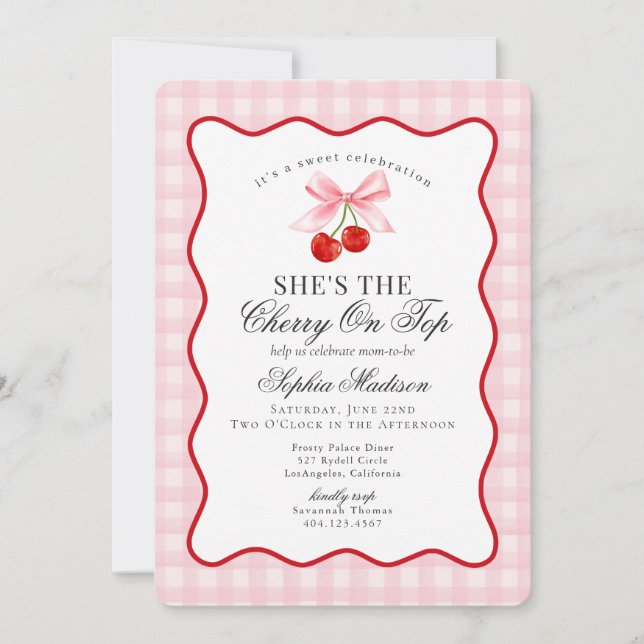 Cherry Sweet Pink Coquette Bow Gingham Baby Shower Invitation (Front)