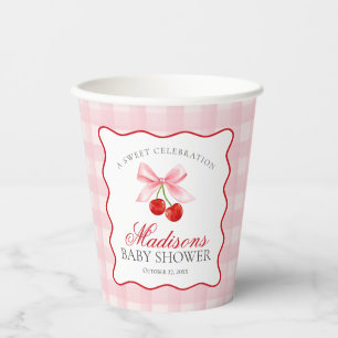 Cherry Sweet Pink Coquette Bow Gingham Baby Shower Paper Cups