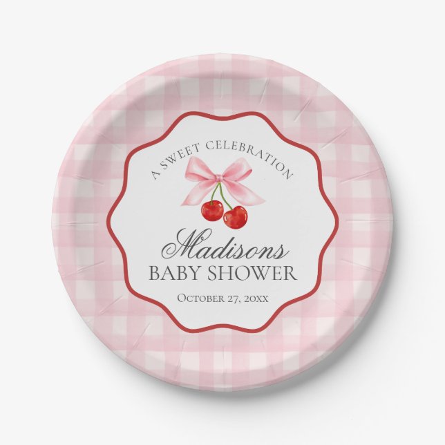 Cherry Sweet Pink Coquette Bow Gingham Baby Shower Paper Plate (Front)