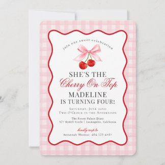 Cherry Sweet Pink Coquette Bow Gingham Birthday Invitation
