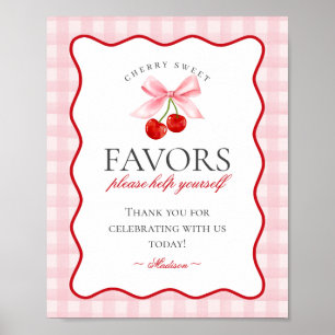 Cherry Sweet Pink Coquette Bow Gingham Favors Sign