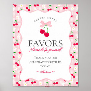 Cherry Sweet Pink Coquette Bow Gingham Favors Sign