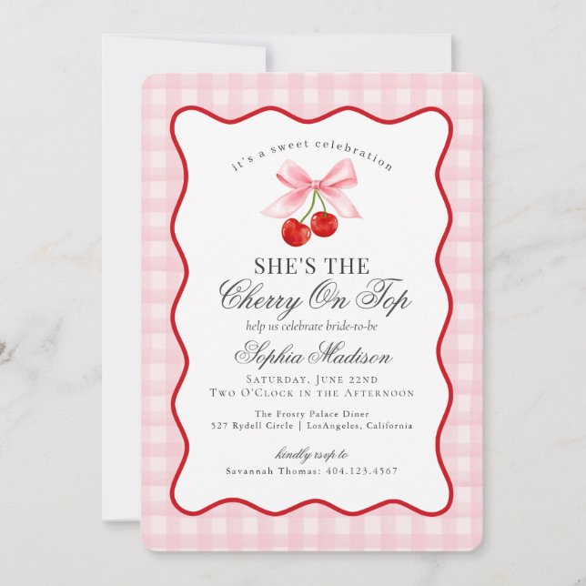Cherry Sweet Pink Coquette Gingham Bridal Shower Invitation (Front)
