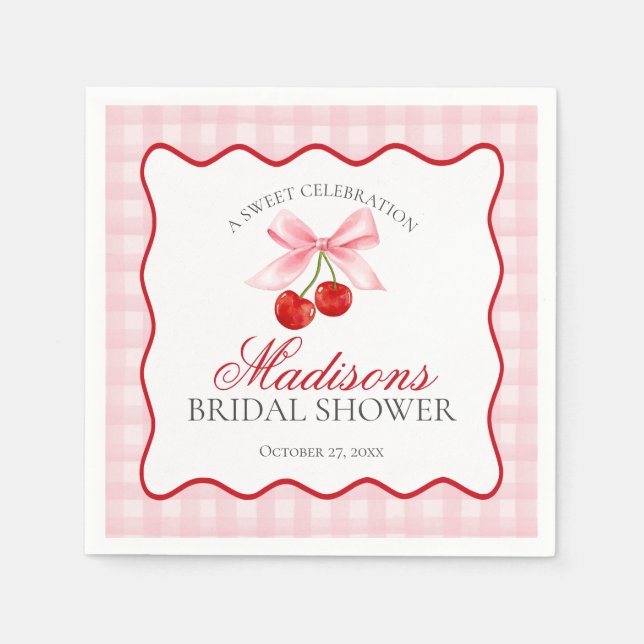 Cherry Sweet Pink Coquette Gingham Bridal Shower Napkin (Front)