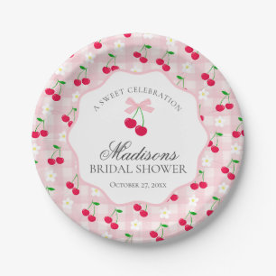 Cherry Sweet Pink Coquette Gingham Bridal Shower Paper Plate