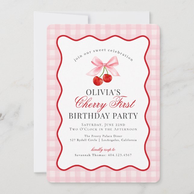 Cherry Sweet Pink Coquette Gingham First Birthday Invitation (Front)