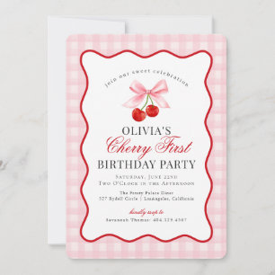 Cherry Sweet Pink Coquette Gingham First Birthday Invitation