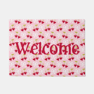 Cherry Sweet Preppy Pink and Red Teen Kids Girl Doormat