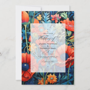 Cherry Tomato and Royal Blue Floral Wedding Invitation