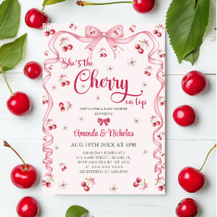 Cherry Top Pink Bow Girl Baby Shower  Invitation