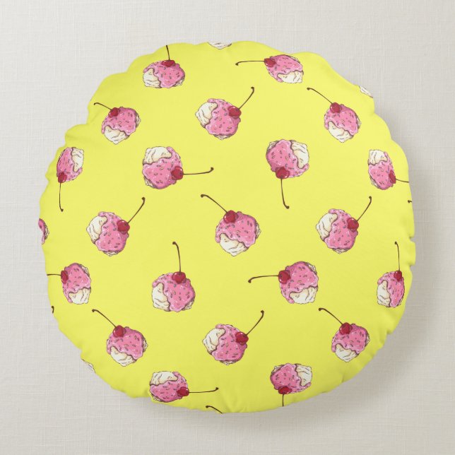 Cherry-Topped Ice Cream Pattern Round Cushion (Front)