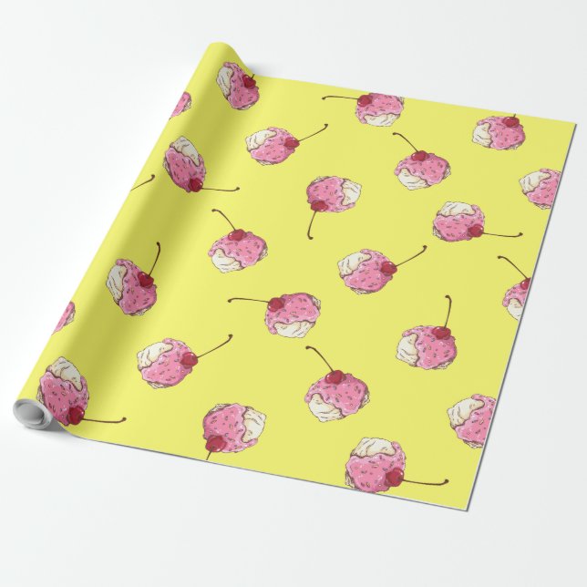 Cherry-Topped Ice Cream Pattern Wrapping Paper (Unrolled)