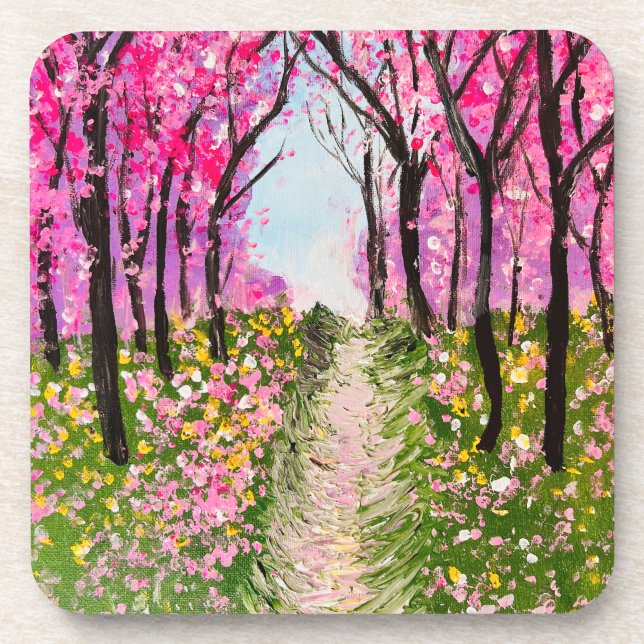 Cherry Trees Scenery Pink Floral Coaster (Front)