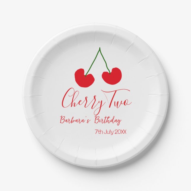 Cherry two 2nd birthday red cherry kids simple  paper plate (Front)
