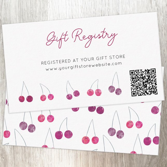 Cherry Watercolo Baby Shower Gift Registry QR Code Enclosure Card (Baby shower cherry design QR code custom text gift registry enclosure card)