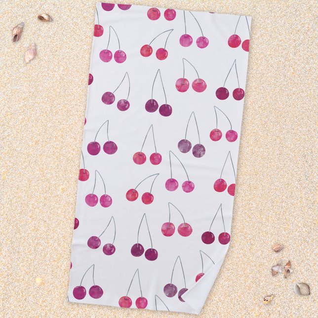Cherry Watercolor Fruit Beach Towel (Mediterranean cherry watercolor pattern beach towel)
