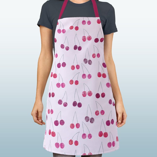 Cherry Watercolor Pattern Pink Apron (Pretty watercolor cherry pink and white pattern art apron)