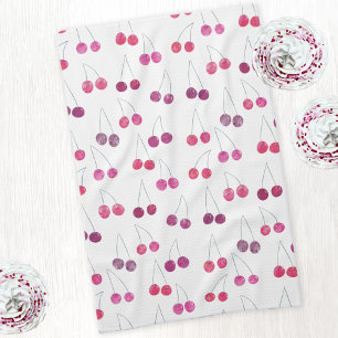 Cherry Watercolor Pattern Pink Tea Towel