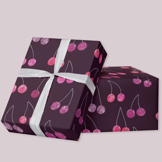 Cherry Watercolor Pattern Wrapping Paper (Watercolor cherries pattern gift wrapping paper roll)