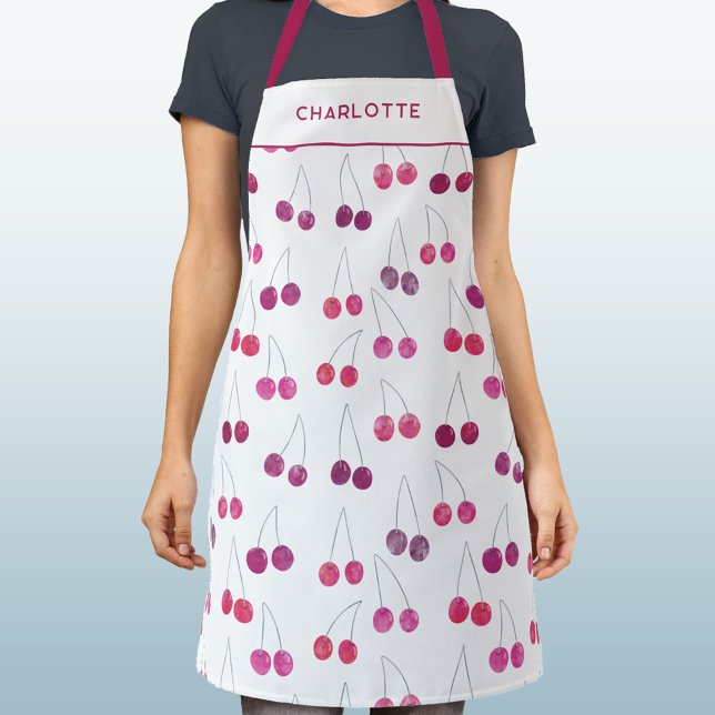 Cherry Watercolor Personalised Apron (Pretty watercolor cherry pattern personalized custom name text apron)