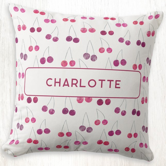 Cherry Watercolor Personalised Cushion (Personalized custom name watercolor cherriespattern throw pillow)