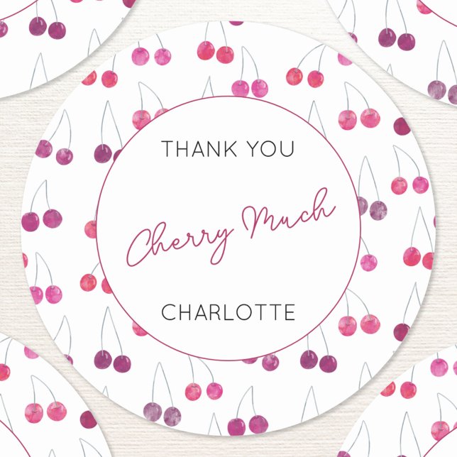 Cherry Watercolor Personalised Thank You Classic Round Sticker (Thank You Cherry Much personalized cherries watercolor stickers)