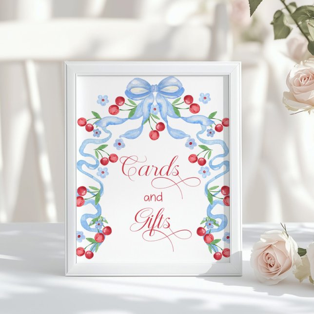 Cherry Whimsical Blue Bow Cards and gifts Poster (Creator Uploaded)
