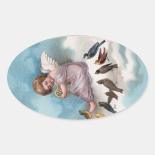 Cherub and Birds on Cloud Vintage Easter Oval Sticker