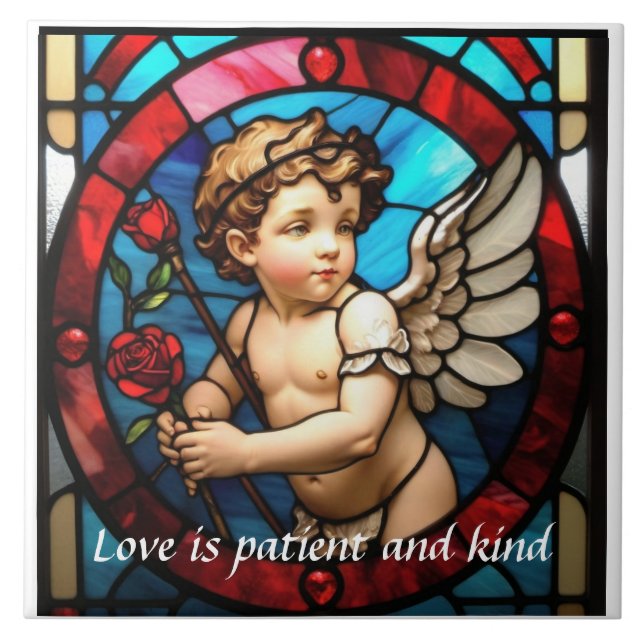 Cherub and Rose Stained Glass Ceramic Trivet (Front)